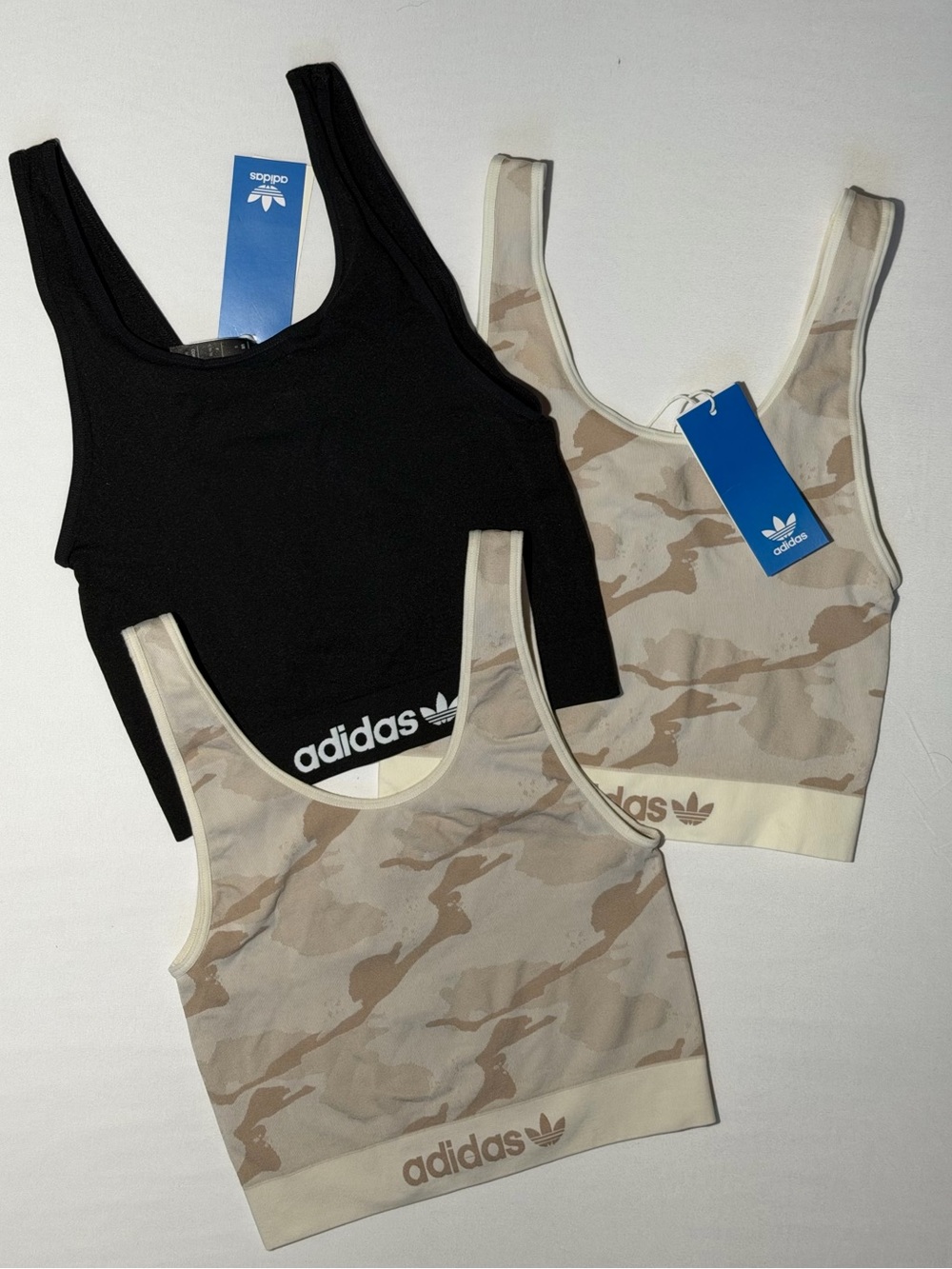 **Adidas** 3 - Women’s Brami Black & Beige Camo Crop Tank Tops - Bundle